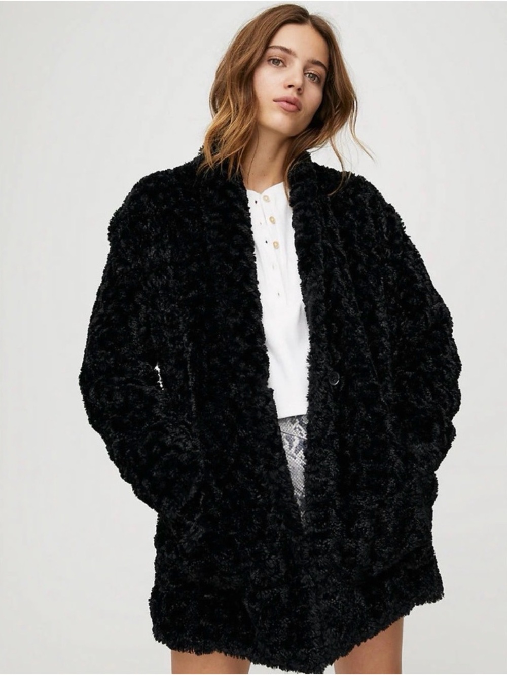 Wilfred Grete Jacket, Black Plush Faux Fur Coat - Women Jackets & Coats